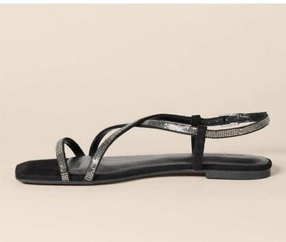 Amazon Essentials Women's Flat Strap Sandals with Memory Foam Black Crystal 9.5